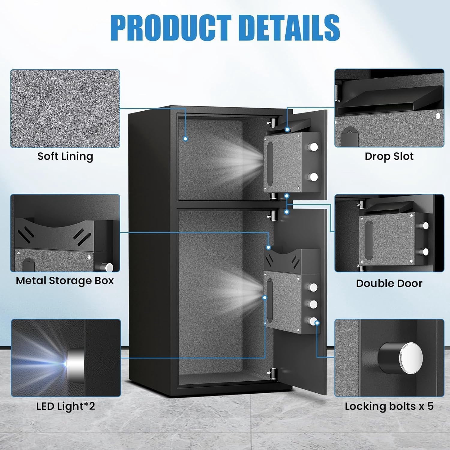 6.0 Cu Ft Biometric Fingerprint Safe Box, Large Double Door Security Cabinet with Drop Slot & Dual LED Light, Alloy Steel Home Safe with Digital Keypad for Money Valuables Documents, Black