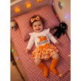 thumbnail image 4 of RUINIXCW Newborn Baby Girl My First Halloween Outfit Infant Baby Girls Fall Clothes Flying Sleeve Letter Pumpkin Ghost Print Romper Tiered Skirt Skort Headband Socks 4pcs Sets, 4 of 9