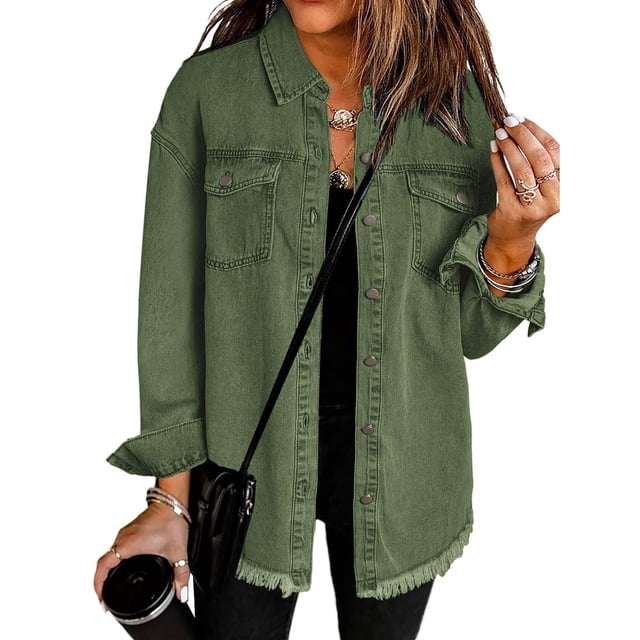 Chaqueta Vaquera Oversize para Mujer, Camisas Vaqueras Casuales de Larga, Chaqueta Vaquera Desgastada, Conjuntos de 2026. Verde XL