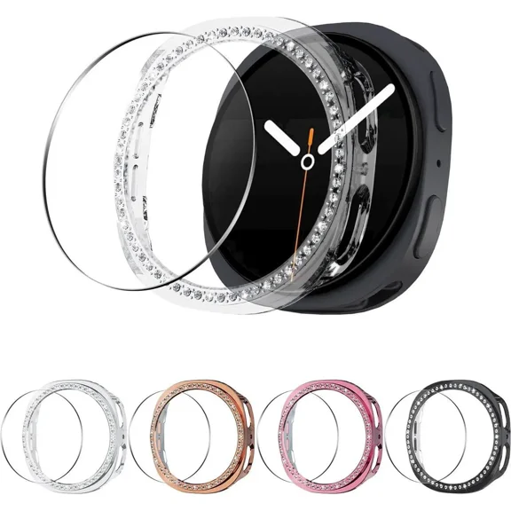 5 5 Pack Bling Case for Samsung Galaxy Watch 8 40mm Screen Protector, Hard PC Bumper Cover with Tempered Glass, All-around Shiny Rhinestone Case for Samsung Watch 8 40mm Only