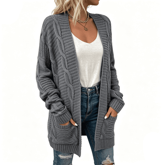 Women's Casual Long Sleeve Cardigan, Cable Knit Open Front Sweater with Pockets, Cozy Outerwear for Daily Wear & Fall Winter Outfits