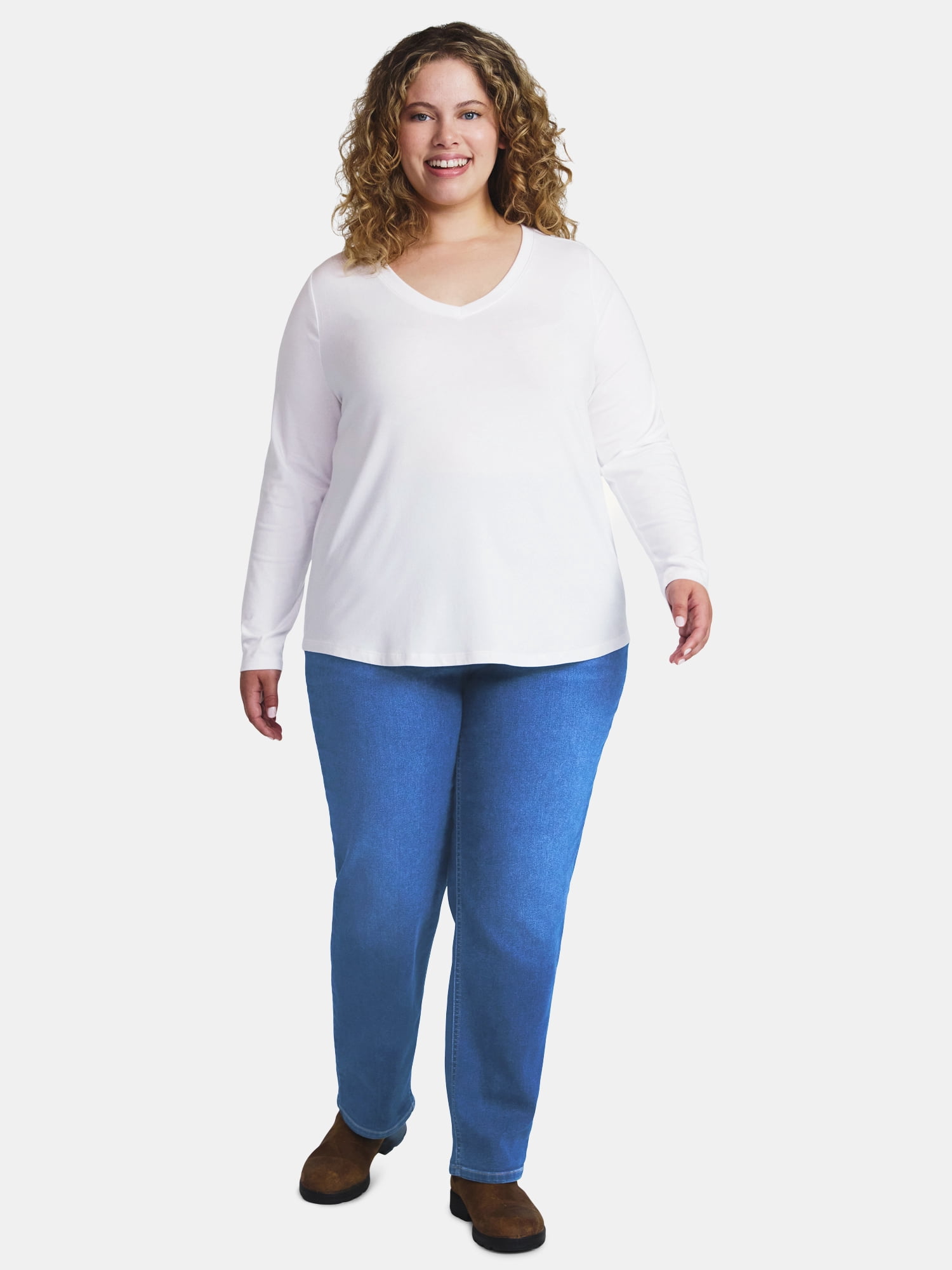 Terra & Sky Women's Plus Size V-Neck Tee with Long Sleeves, Sizes 0X-5X