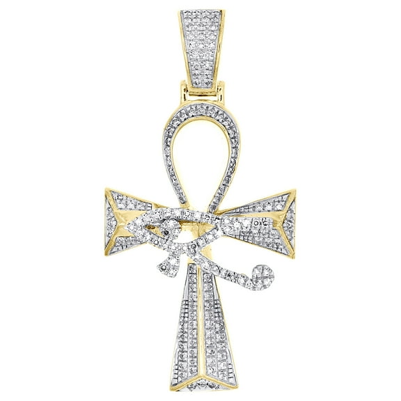 10K Yellow Gold Diamond Eye of Ra Ankh Cross Pendant Men's Beveled Charm 0.31 CT