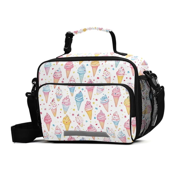 FORMRS Student Insulated Lunch Bag with Shoulder Strap Reusable Cooler Box for School, Colorful Ice Cream Pattern