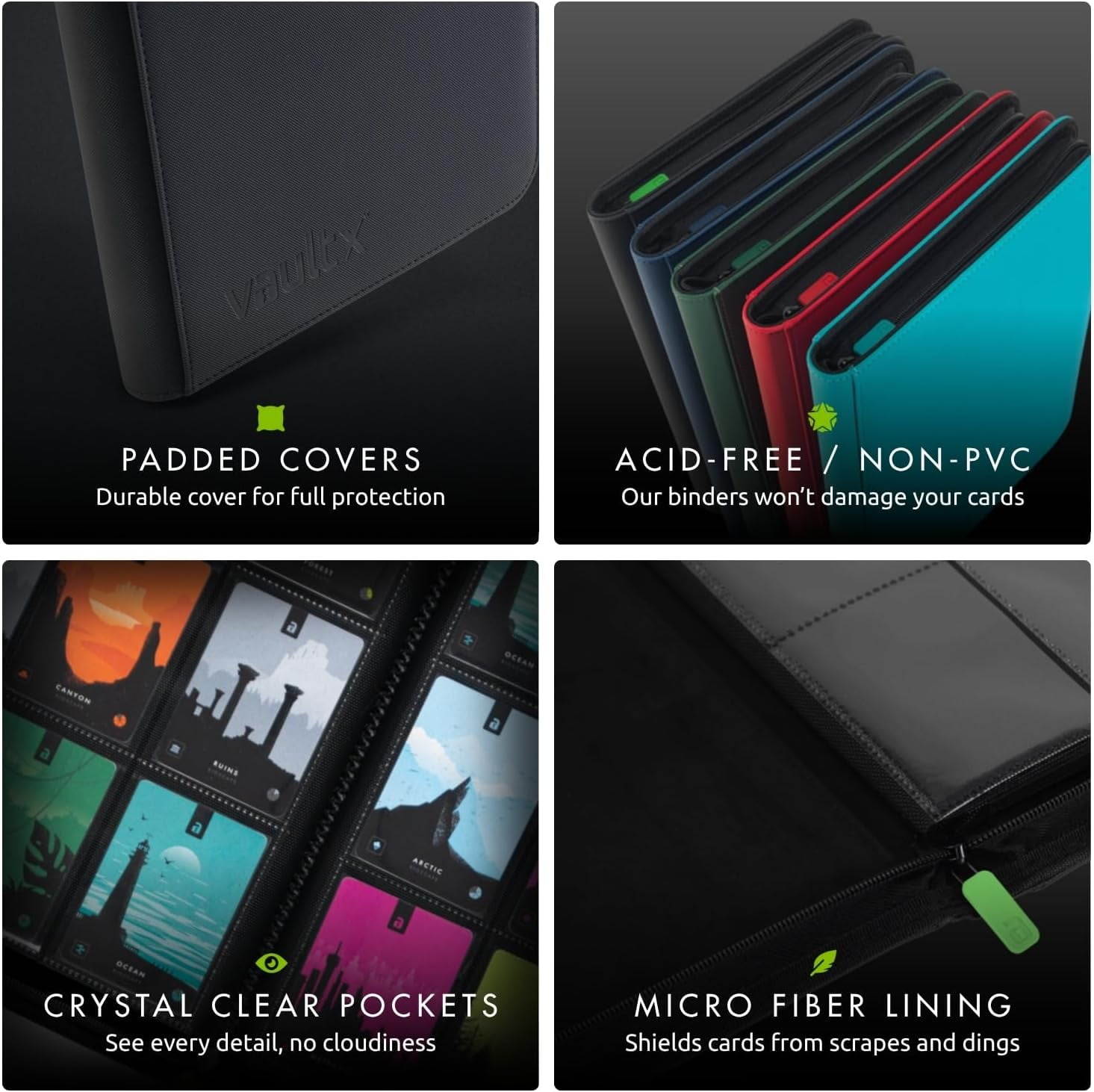 12 Pocket Trading Card Zip Binder, 480 Cards,  Exo-Tec Album Material, 20 Side-Loading Pages, Folder, Sports, TCG (Black)