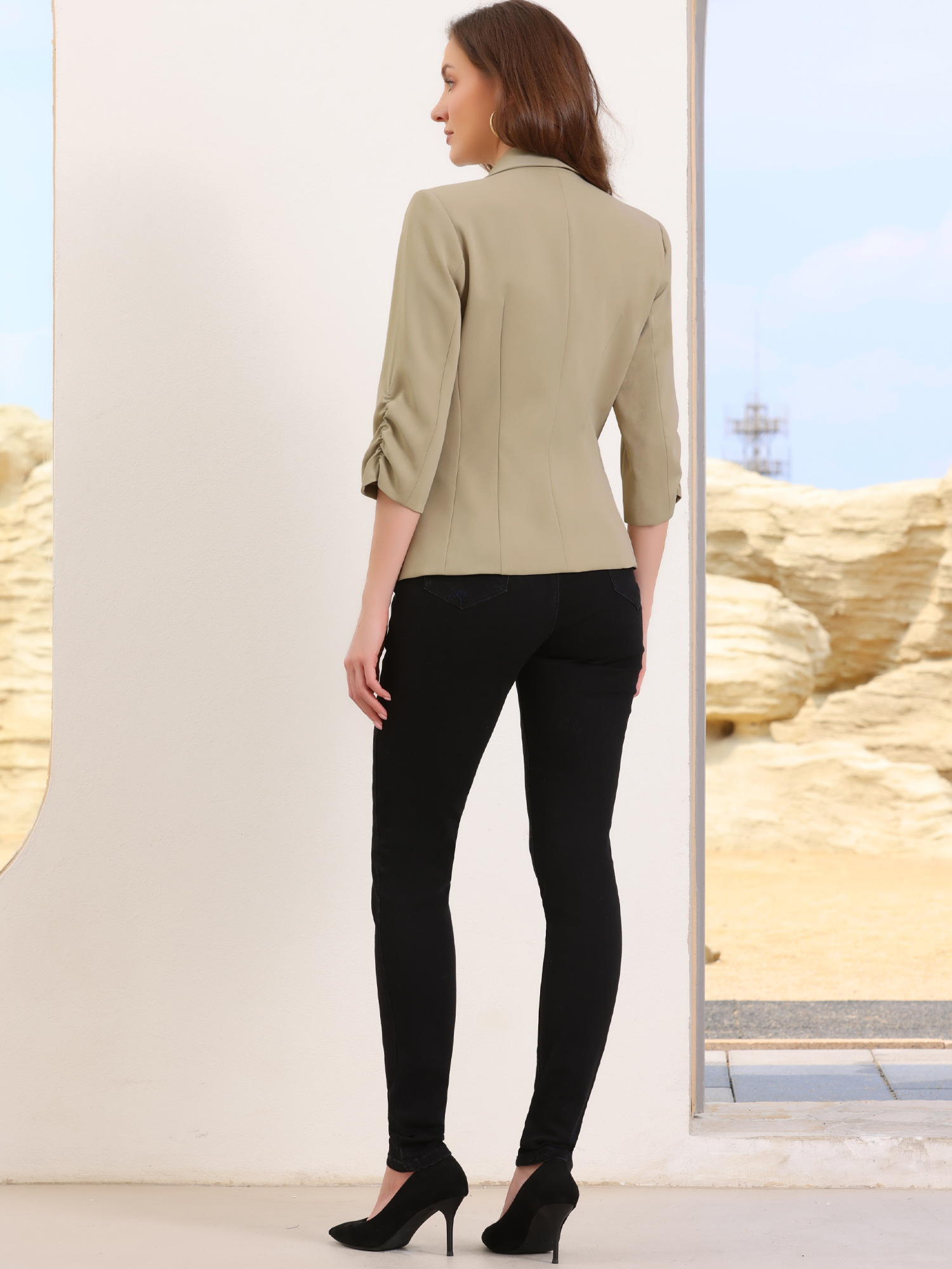 DARING DIVA Women's 3/4 Sleeve Shawl Lapel Work Blazer with Pockets M Khaki
