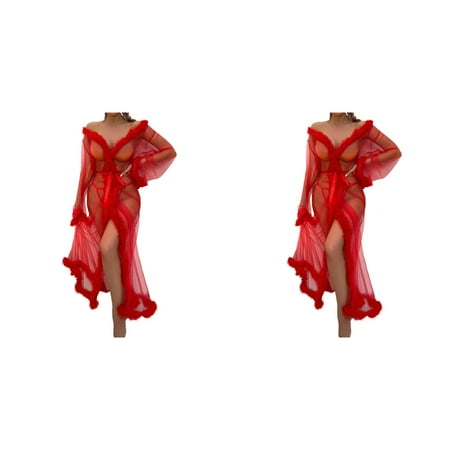 Wijhcboe 2 Pack Women Big Bust Lingerie for Women Fashion Sexy Tulle Robe Silk Bodysuit Lingerie for Women Long Lingerie Nightgown Bathrobe Sleepwear Feather Bridal Robe Lace Lingerie for Women plus
