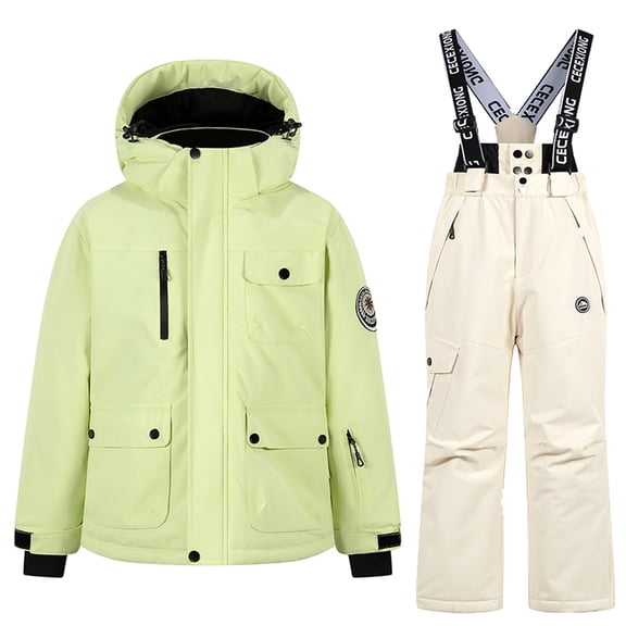 Toddler Snowsuit Children's Winter Cute Thick Waterproof Windproof And Warm Light Hooded Long Sleeved Top suspender Ski Pants Equipment Two-piece Set For Kids,3-14years