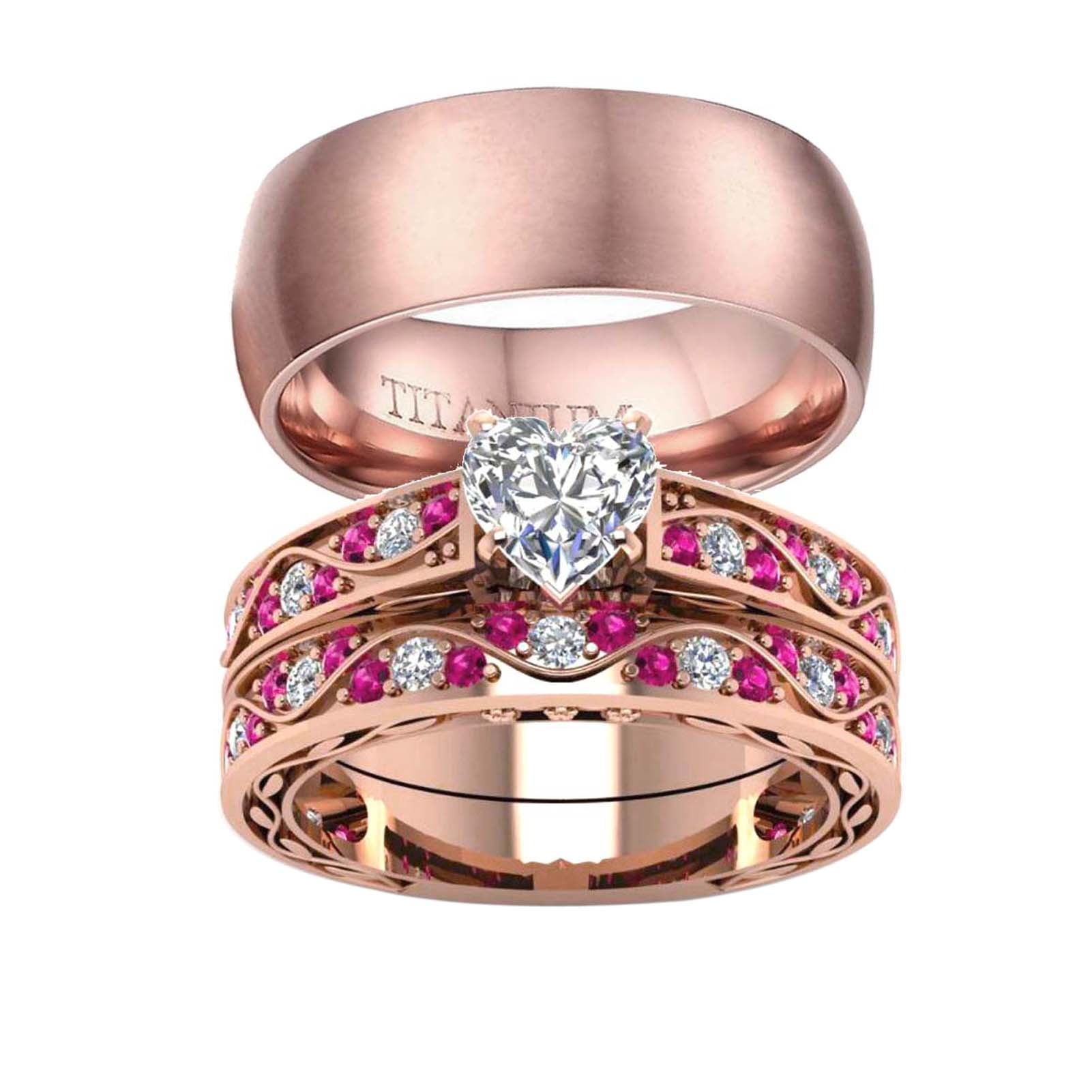 Matching Rings Couple Ring Rose Gold Plated 1CT Heart CZ Women Wedding Ring Sets Female