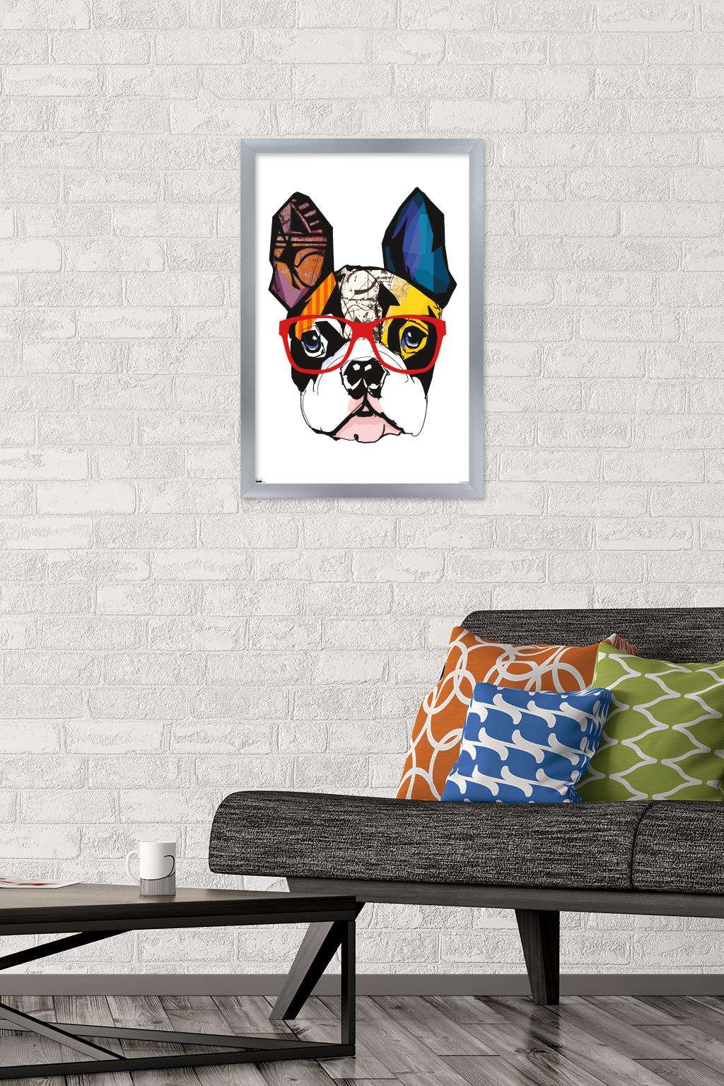 Art Deco - Boston Terrier with Glasses Wall Poster, 14.725" x 22.375", Framed