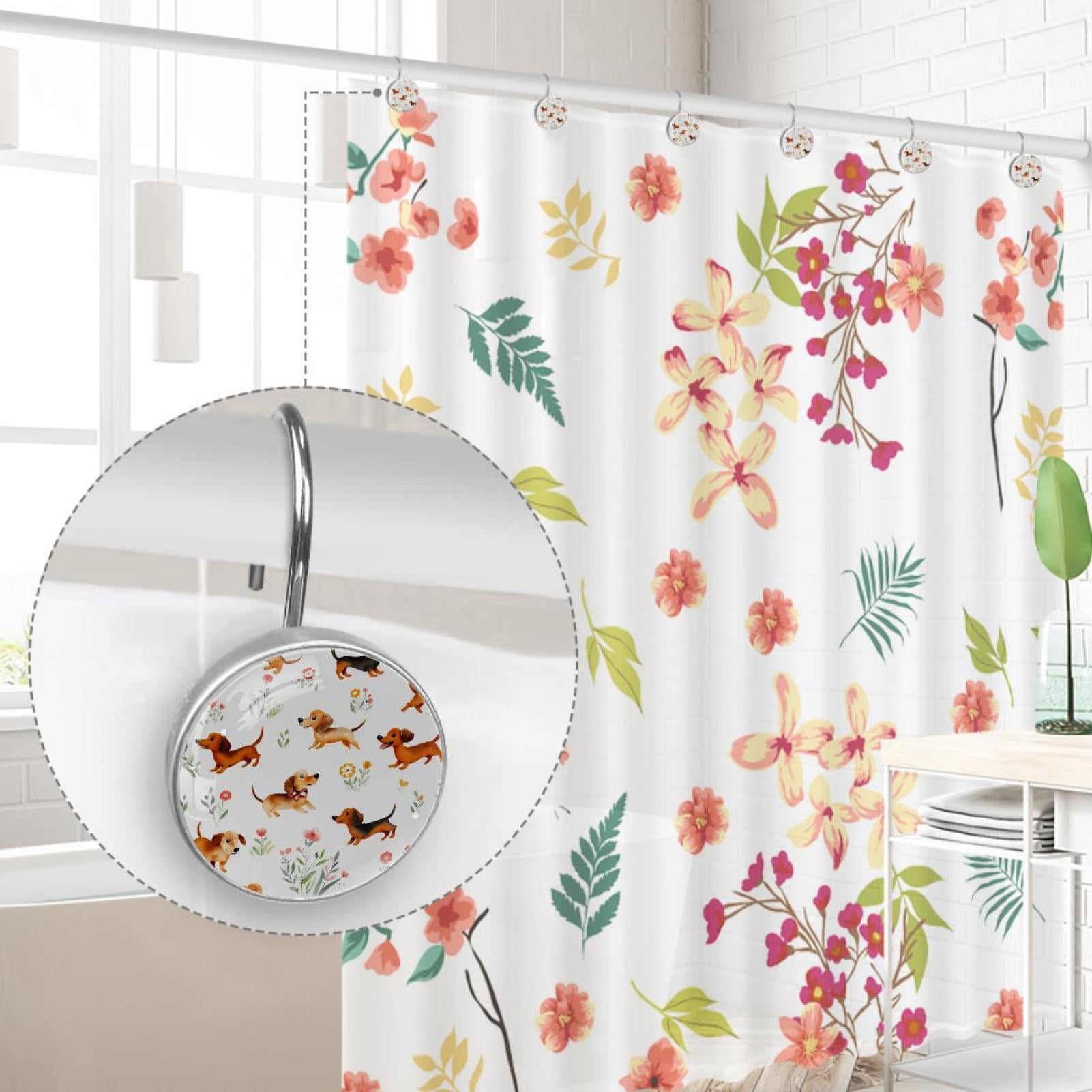 Dachshunds Run with Flowers Shower Curtain Hooks Round Crystal Glass, Set of 12 Shower Curtain Rings - Shower Hooks for Curtain Shower Rings