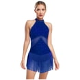 thumbnail image 1 of iiniim Women Rhinestone Fringe Leotard Figure Skating Performance Costume Halter Backless Bodysuit Navy Blue S, 1 of 5