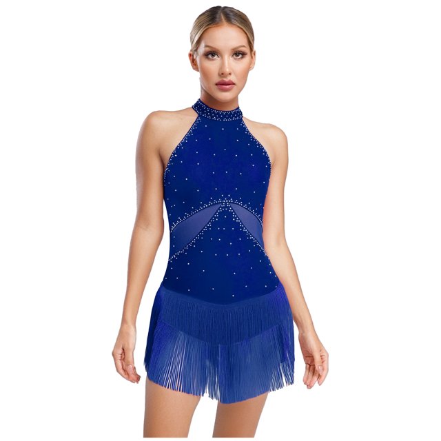 iiniim Women Rhinestone Fringe Leotard Figure Skating Performance Costume Halter Backless Bodysuit Navy Blue S