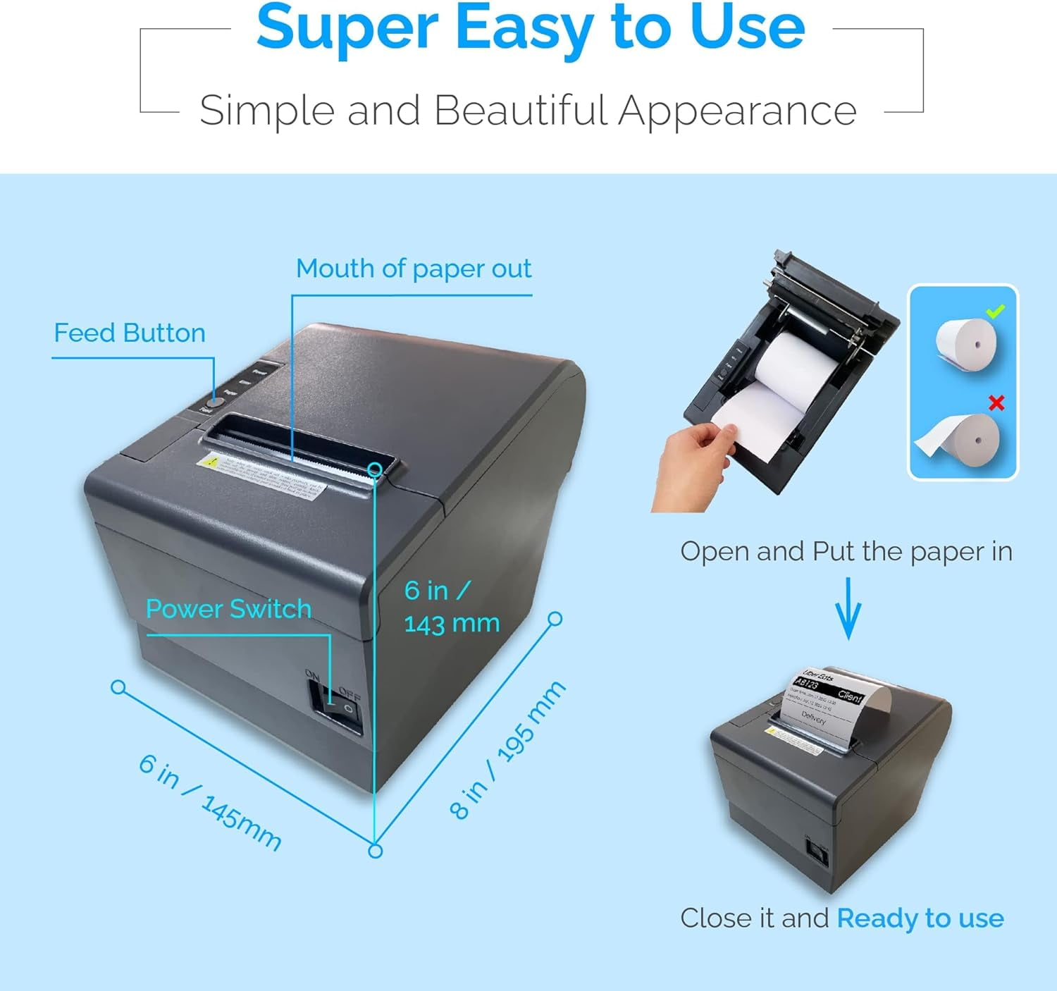 Thermal Receipt Printer PaperWidth 3” Cash Register Dual Bluetooth WiFi USB Support Food Delivery App Print Ticket Ubereats Doordash Grubhub Postmates Also for Togo Shop