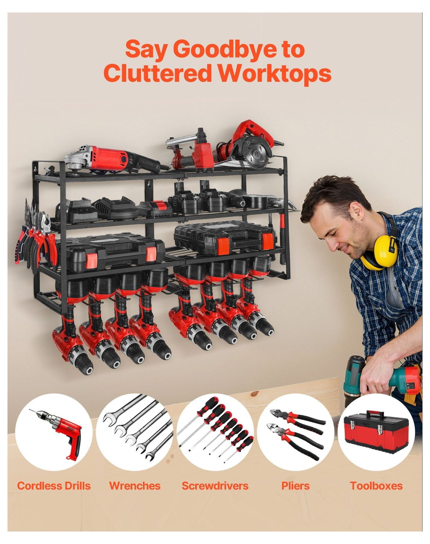 Power Tool Organizer Wall Mount, 4-Tier Garage Storage Rack with Drill Holders, Screwdriver Holder, Heavy Duty Tool Rack for Workshop, Workbench, Garage