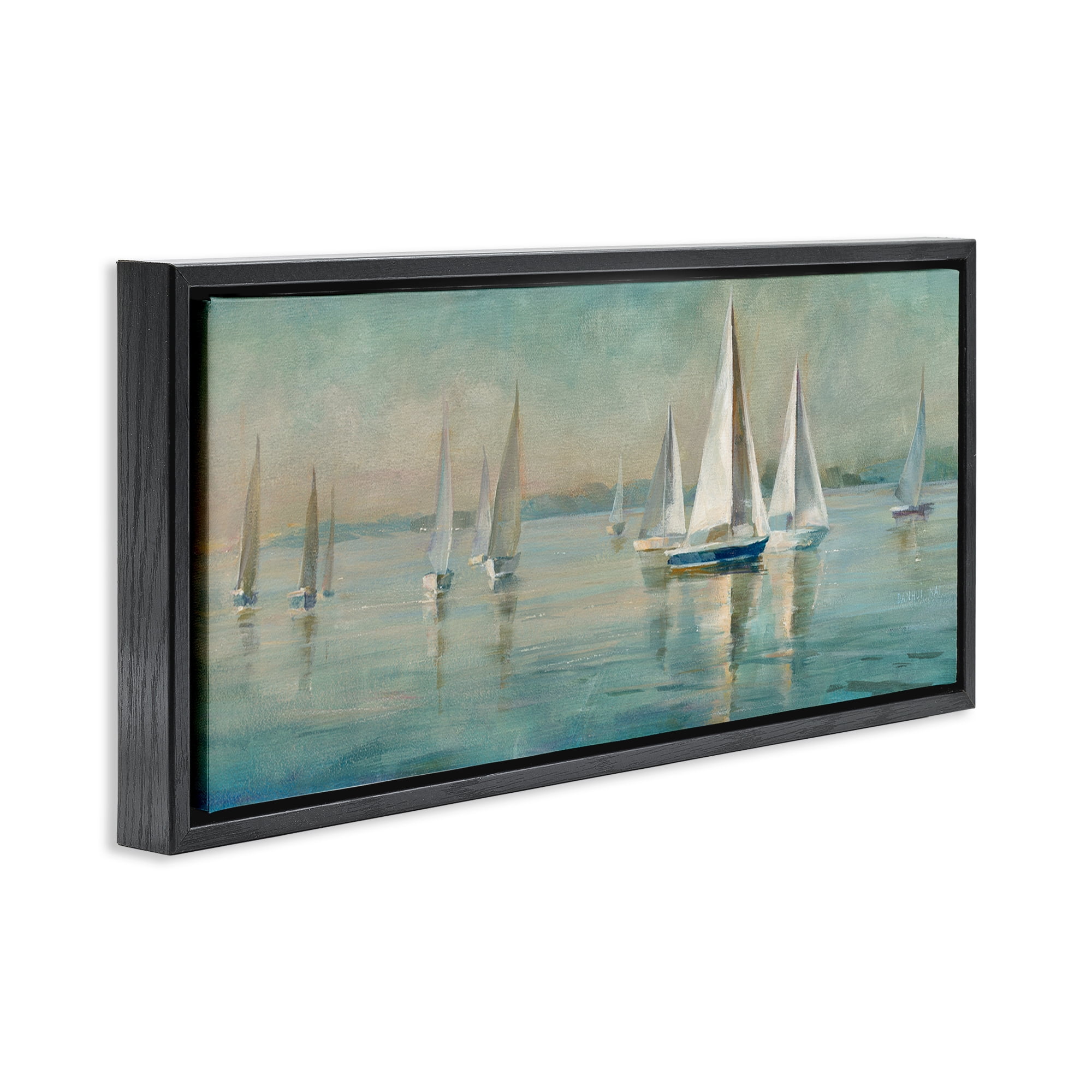 Stupell Industries Panoramic Sailing at Sunrise Nautical & Beach Painting Black Floater Framed Canvas Art Print Wall Art, 25 x 11