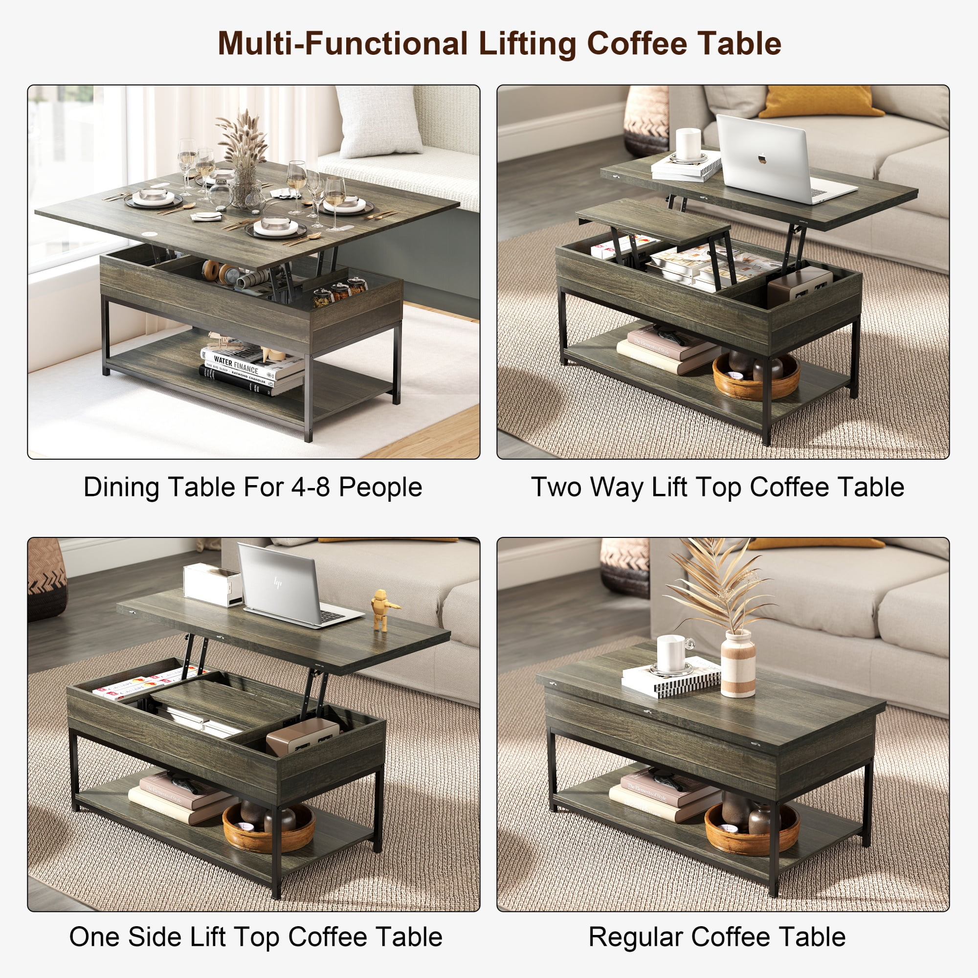 Manxile Lift Top Coffee Table with Storage Shelf, Farmhouse Coffee Table for Living Room, Charcoal Oak Finish