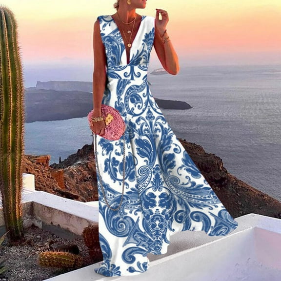 Women Casual Boho Print Zipper V Neck Sleeveless Long Dress Holiday Dress Floral Summer Dresses for Women Women's Summer Dresses Casual