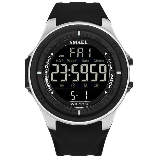 SMAEL Men Military Watch featuring a durable black PU strap and a strong rubber case with high-strength hardened glass. This digital sports watch displays dual time, precise timekeeping, and includes features like a chronograph, date, and alarm. It is 50m waterproof, suitable for swimming but not recommended for button use underwater. The watch has a sleek black and silver design with a buckle clasp.