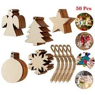 LNKOO Wooden Christmas Ornaments, 50 Pcs Christmas Crafts for Kids, 5 Styles DIY Christmas Ornaments Kit with 50 Strings, Unfinish