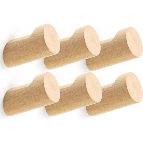 Wood Wall Hooks for Hanging, 6 Pack Hat Hook for Walls, Coat Hook Wall Mount, Backpack Hooks for Walls, Bathroom Towel Hanger (Natural)
