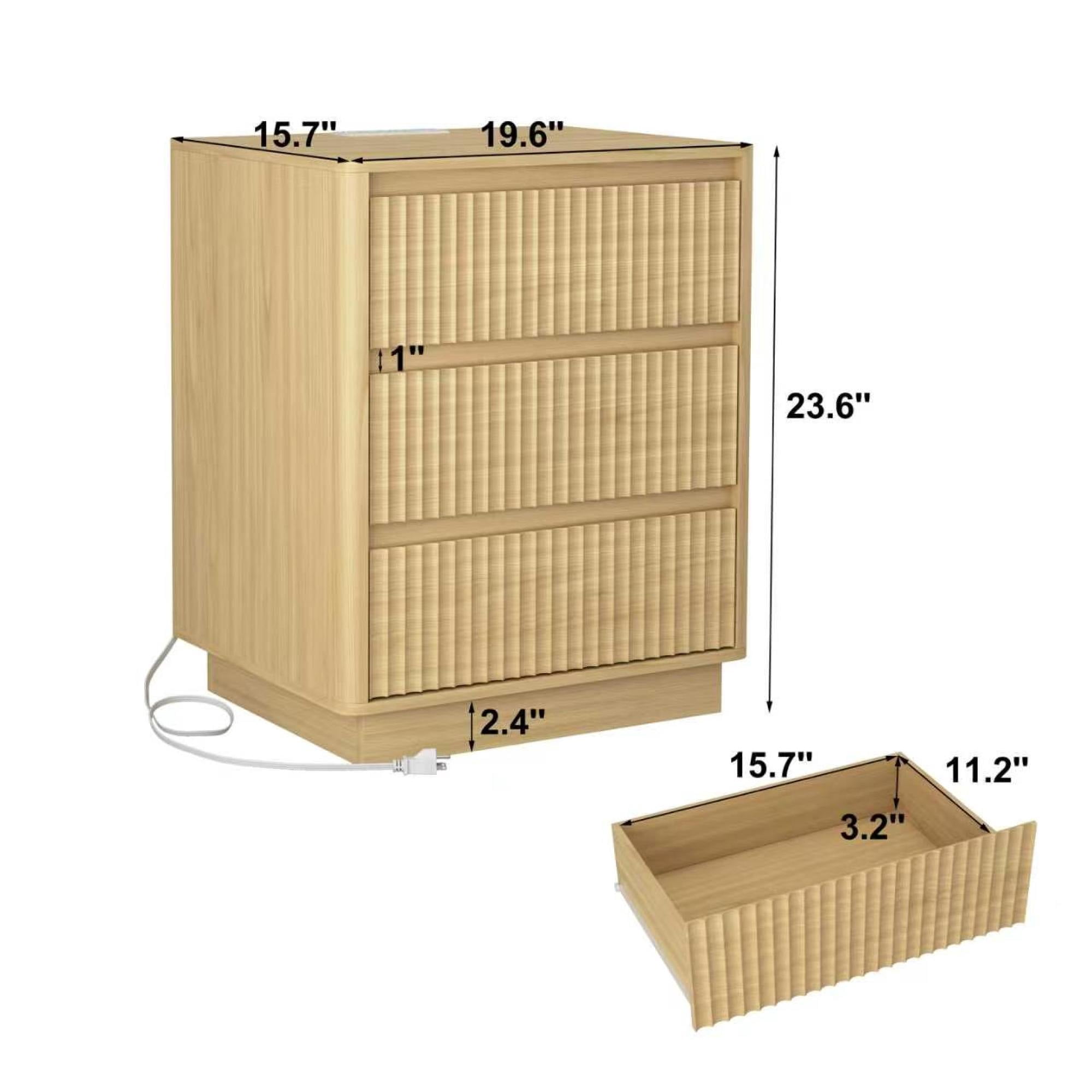 Leumius 3-Drawer Small Nightstand Set of 2 with Charging Station,Modern Sofa Side Table End Table Wood Storage Cabinet for Living Room,Bedroom,Office,Natural