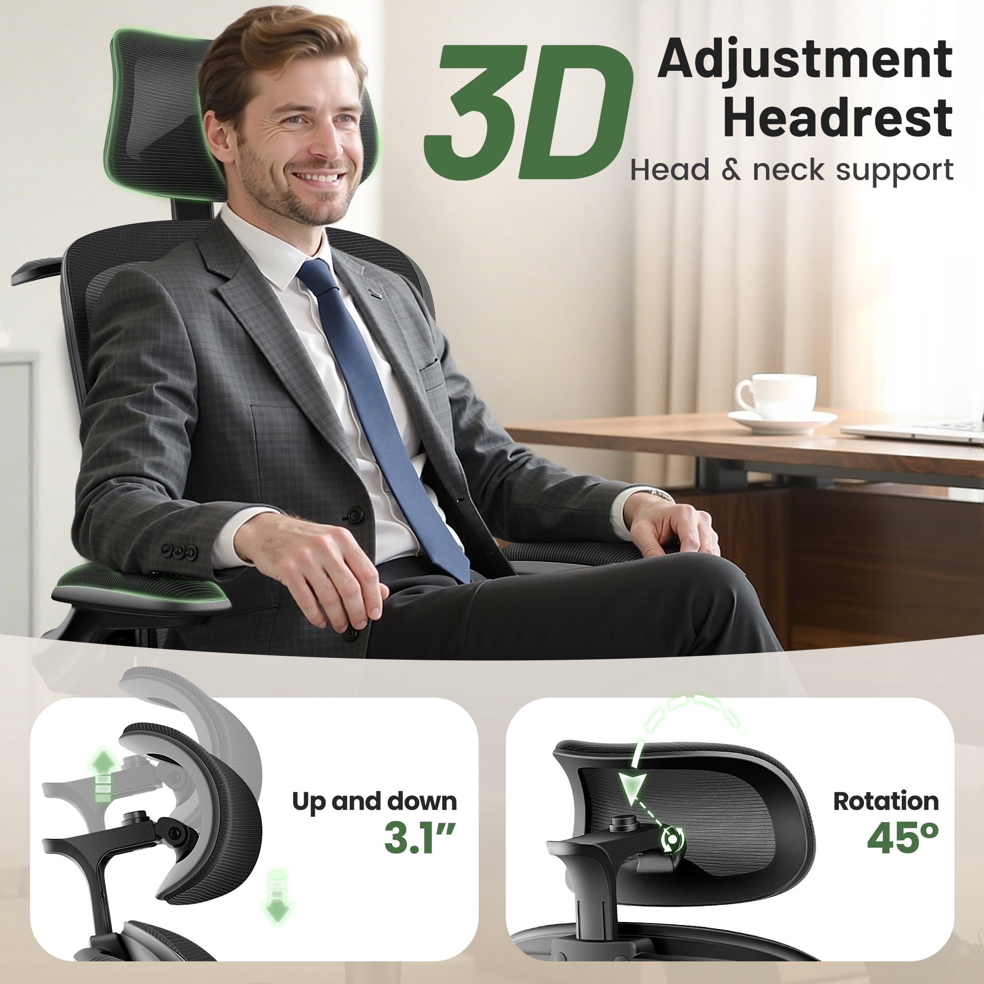 ATHOPE Ergonomic Office Chair, Desk Chair with Adjustment Lumbar Support and Headrest, Mesh Comfy High Back Computer Chair with Flip Up Arms for Home Office, Black