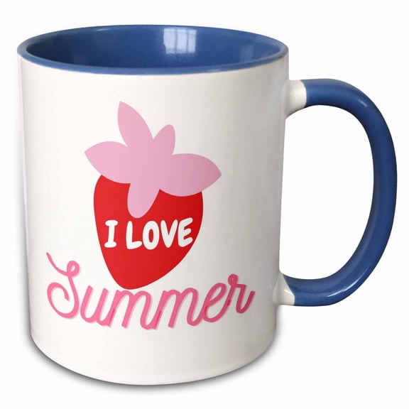 3drose, Image of a Strawberry with Text of I Love Summer, 11oz Two-tone Blue Mug