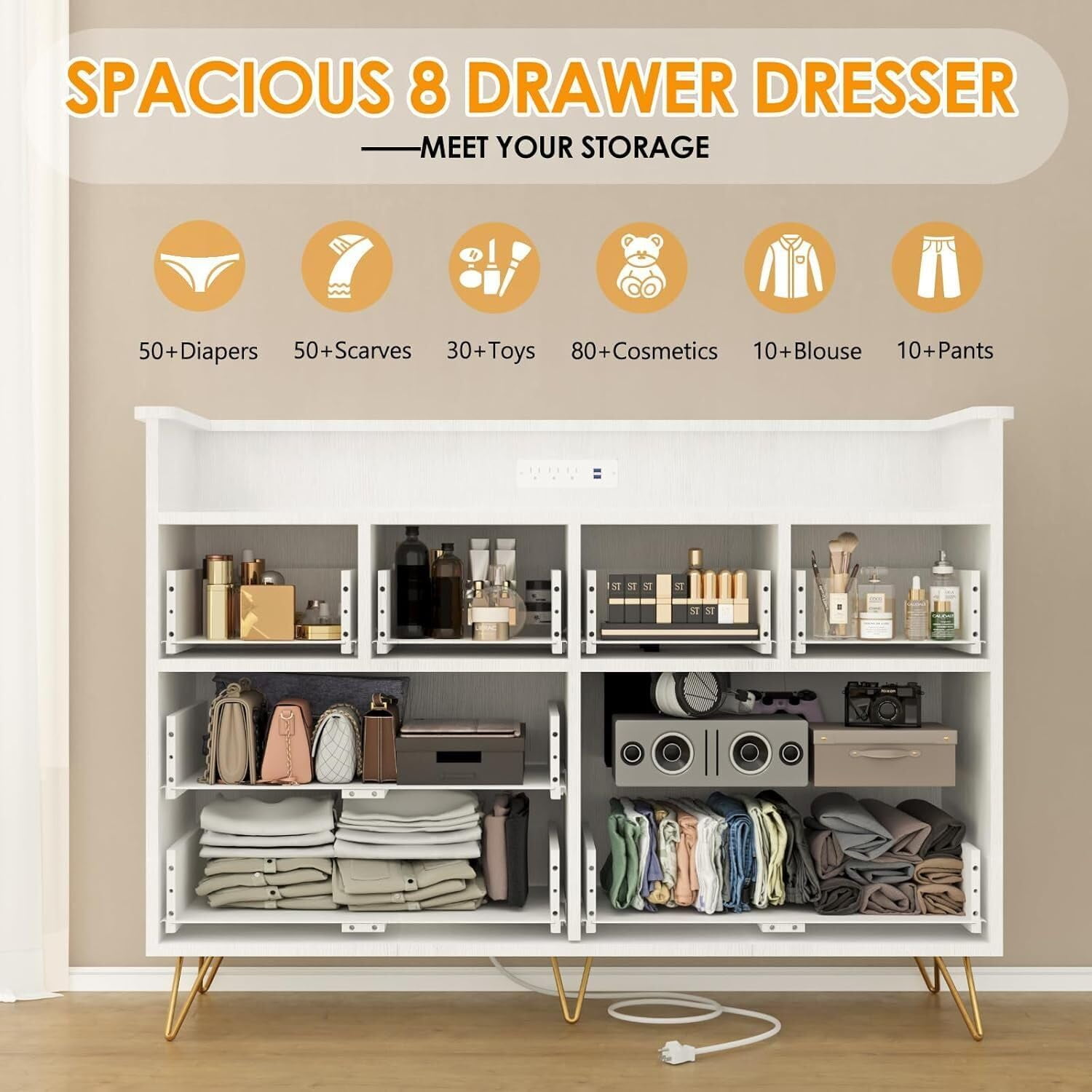 GAOMON 8 Drawer Dresser, Modern Dresser for Bedroom with Led Lights and Charging Station, Wooden Chest of Drawer with Open Space, Storage Organizer for Entryway, Living Room, White