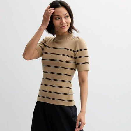 Women's Ellen Tracy Mockneck Elbow Sleeve Button Shoulder Rib Sweater Color: Camel Black Stripe Size: SMALL