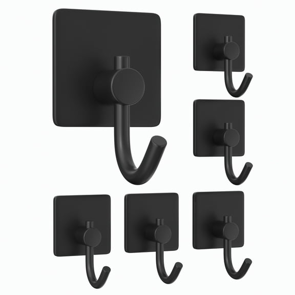 NIFFGAFF 6 Pack Self Adhesive Hooks,Heavy Duty Stick On Wall and Door Hooks for Hanging,Bathroom Tower Hooks and Kitchen Hallway Sticky Black Hooks, Stainless Rustproof