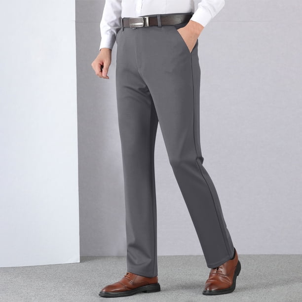 Pantalones de traje de hombre con cremallera y bolsillo, rectos, de tubo, de color liso, de poliéster