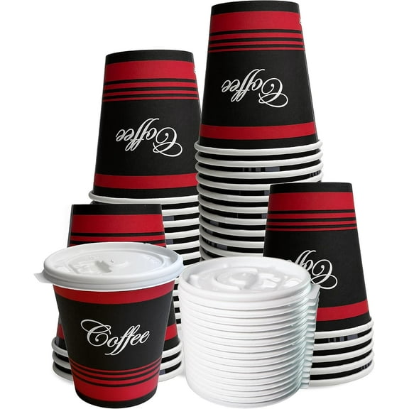 EcoQuality 10 oz Durable Disposable Paper Hot Cups & White Flat Lids For Hot/Cold Drink, Coffee, Tea, Cocoa, Travel, Paper Coffee (50)