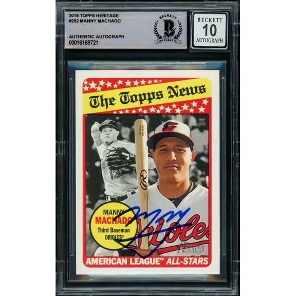 Manny Machado Autographed 2018 Topps Heritage Card #292 Baltimore Orioles Auto Grade Gem Mint 10 Beckett BAS 220739