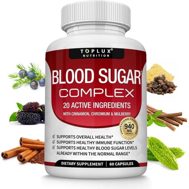 Cápsulas Toplux Blood Sugar Complex (60 cápsulas, 940 mg) con un alto contenido de 20 ingredientes activos, canela y cromo. Suplemento dietético para el mantenimiento diario del azúcar en sangre.