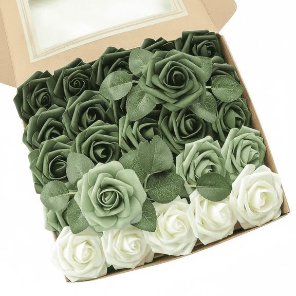 50Pcs Artificial Flowers Real Looking Shades of Forest Roses w/Stem for DIY Wedding Bouquets Centerpieces Arrangements Party Baby Shower Valentines Day Christmas Tree Decorations