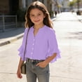 thumbnail image 4 of PiGOGI Girls Ruffle 3/4 Sleeve V-Neck Button Down Top Solid Color Soft Casual Blouse for Kids Purple 9Years, 4 of 8