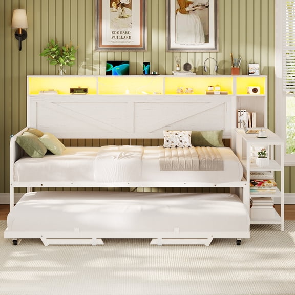 AOGLLATI Daybed Twin Size Corner Bed Frame with Charging Station & 3 Storage Drawers, Twin Metal Corner Platform Bed Frame with Storage Shelves for Living Room Bedroom