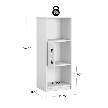 MAINSTAYS ARDENT 3 TIER STORAGE TOWER WITH DOOR AND OPEN SHELVES IN WHITE
