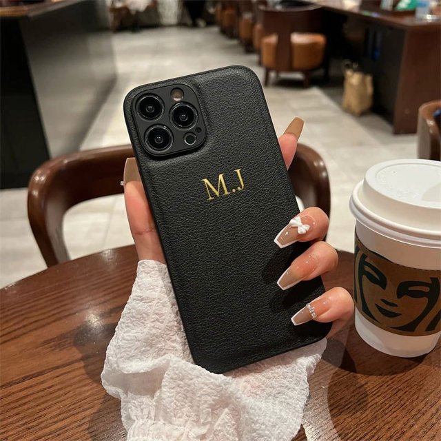 Personalized Customized Initials Name Letters Leather Case For iPhone 16 15 14 13 12 11 Pro Max 16 Plus Luxury Shockproof Cover Black for iphone14ProMax(6.7")