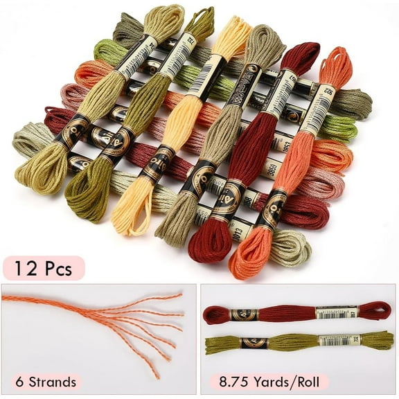 1set 12 Skeins 12 colors 6-Ply Polyester Embroidery Floss Cross Stitch Threads Autumn color Series Mixed color 0.5mm about 8.75 Yards(8m)/Skein 12 skeins/set