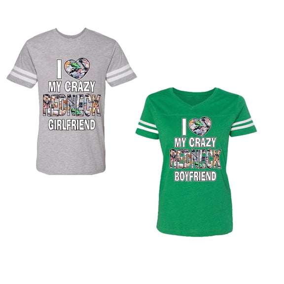 I Love My Crazy GF BF Unisex Couple Matching Cotton Jersey style T-Shirt Contrasting stripes on sleeves (Men Heather / Women Green) (Men M / Women XL)