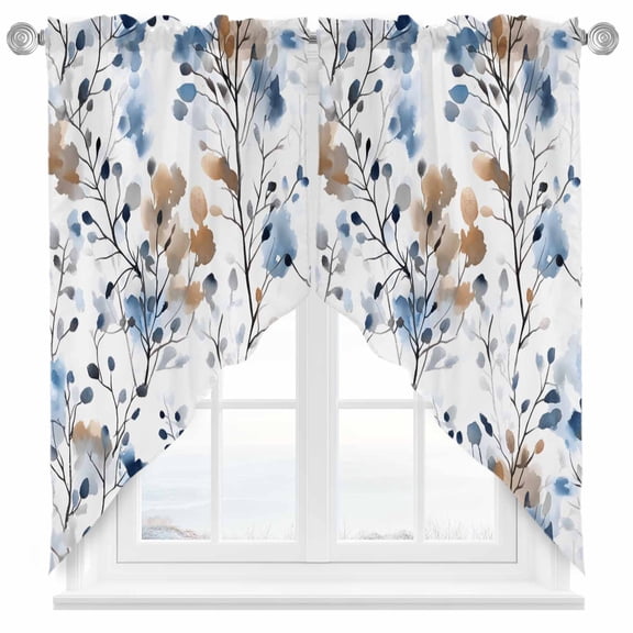 Vintage Blue Swag Curtain Valance for Windows, Brown Wildflowers Leaves Branch Abstract Plant Window Treatments Short Swag Topper for Kitchen Windows Bathroom Bedroom, 36"x63"