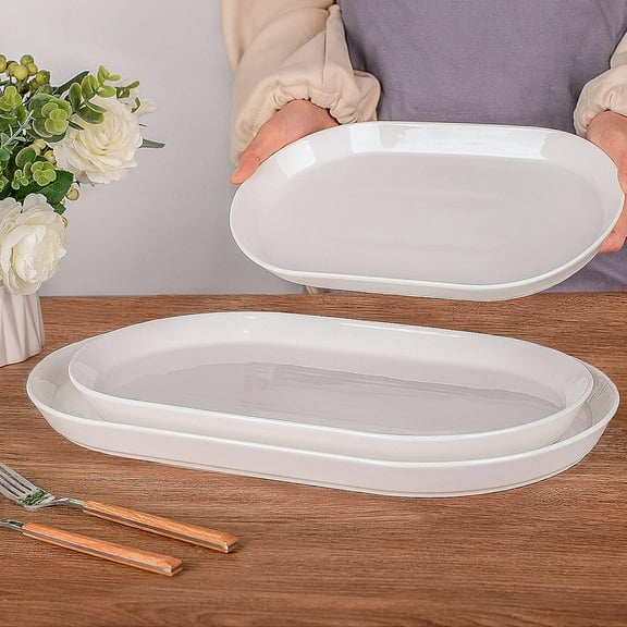 Large Oval Serving Platters Set of 3 - 16/14/12 Inch White Ceramic Trays for Entertaining, , Party