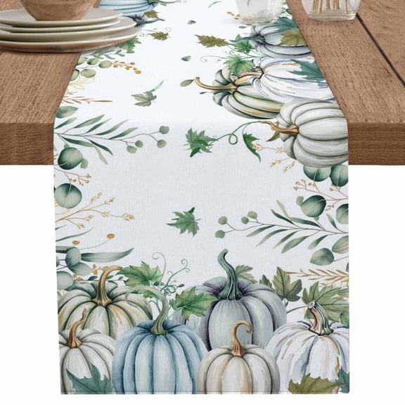 nqOlkjepod Green Blue Pumpkins Fall Table Runner 108 Inches Long Farmhouse Dress Scarves, Thanksgiving Eucalyptus Leaves Dining Tablerunner for Coffee Table/Kitchen Island/Party Décor, 13" x 108"