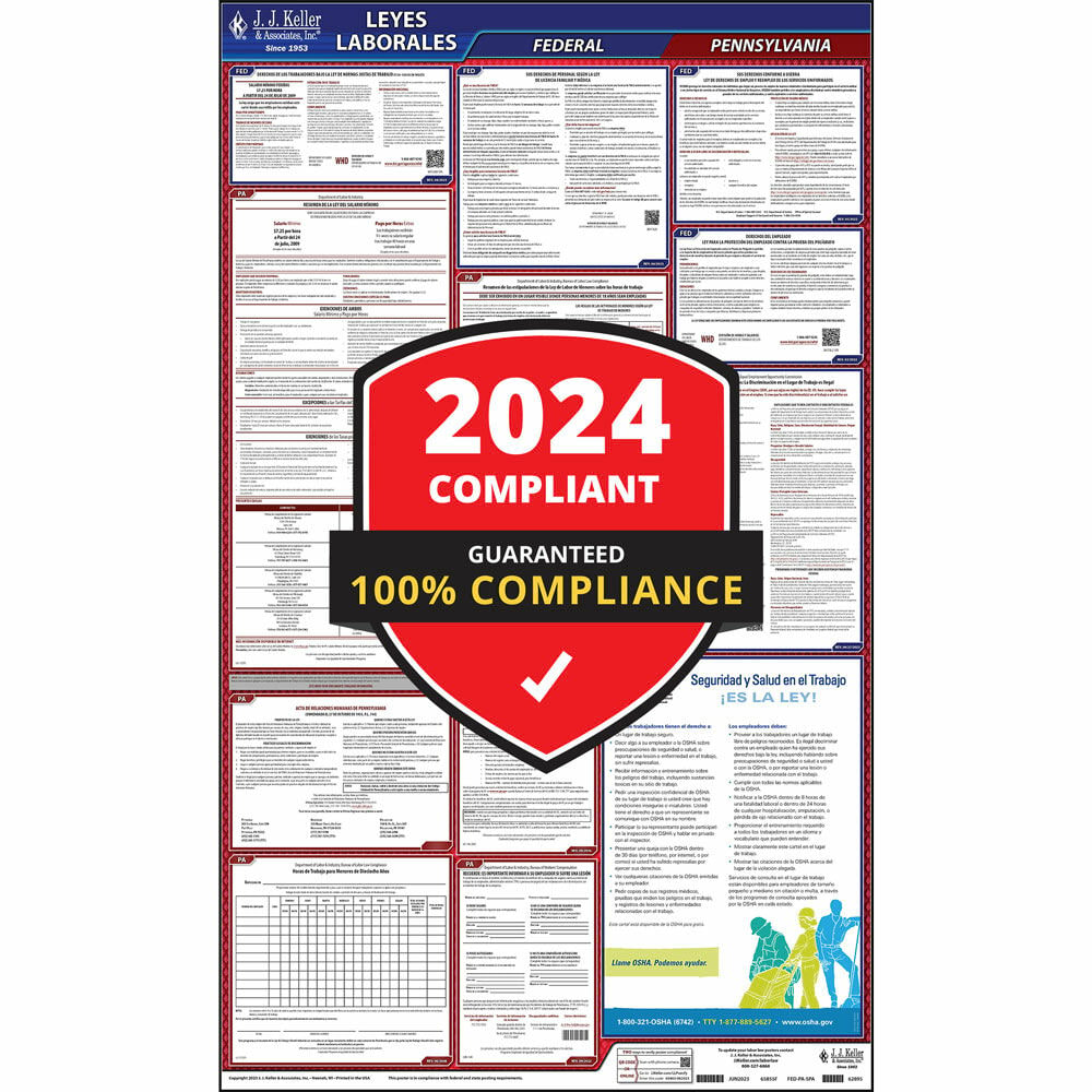 2024 Pennsylvania Labor Law Poster, All-in-One OSHA Compliant PA State & Federal Laminated Poster (24" x 40" Spanish)