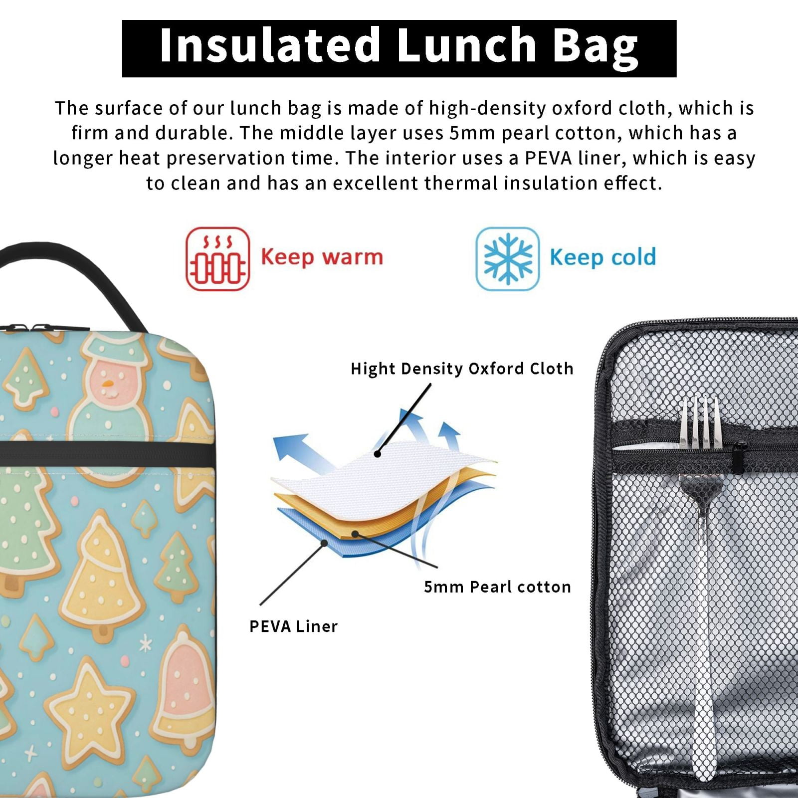 Lunch Bag For Women Men Insulated Portable Lunch Box Bento Box Office Picnic Travel Cooler Bag Christmas Cookie Pattern