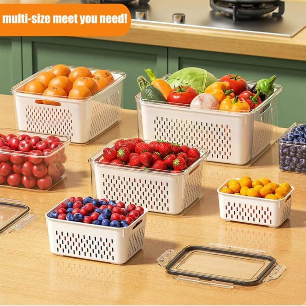 Fruit Storage Containers for Fridge 3PCS, 4-in-1 Produce Containers with Lid & Removable Strainer Colander, Airtight Vegetable Keepers for Kitchen