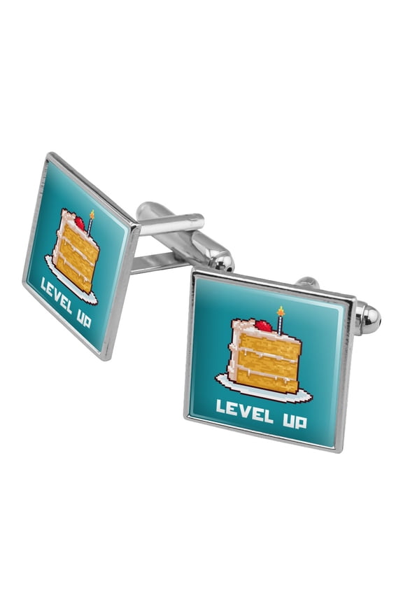 8-Bit Pixel Retro Cake Level-up Game Gamer Square Cufflink Set - Silver or Gold