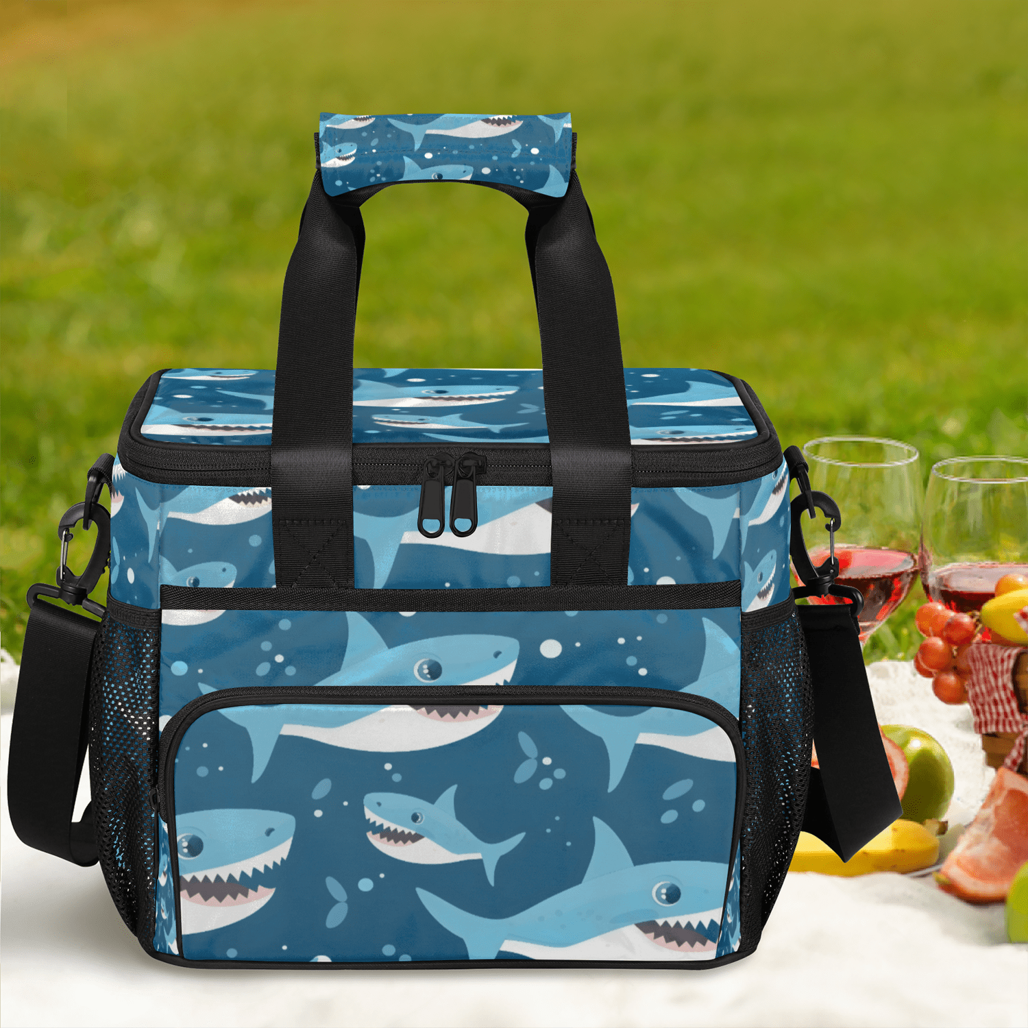 Herdesigns Shark Ocean Themed Large Lunch Box for Adults Women Men with Adjustable Shoulder Strap, Insulated Reusable Lunch Bag Leakproof Cooler Tote Bag